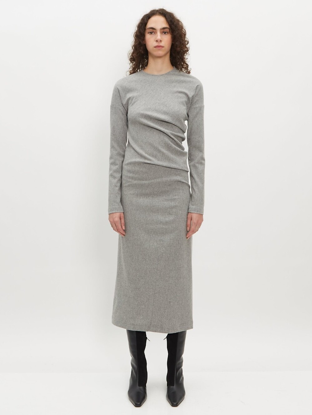 Totême Twisted Grey Melange Asymmetric Flannel Long Sleeve Midi Dress DK36 Small